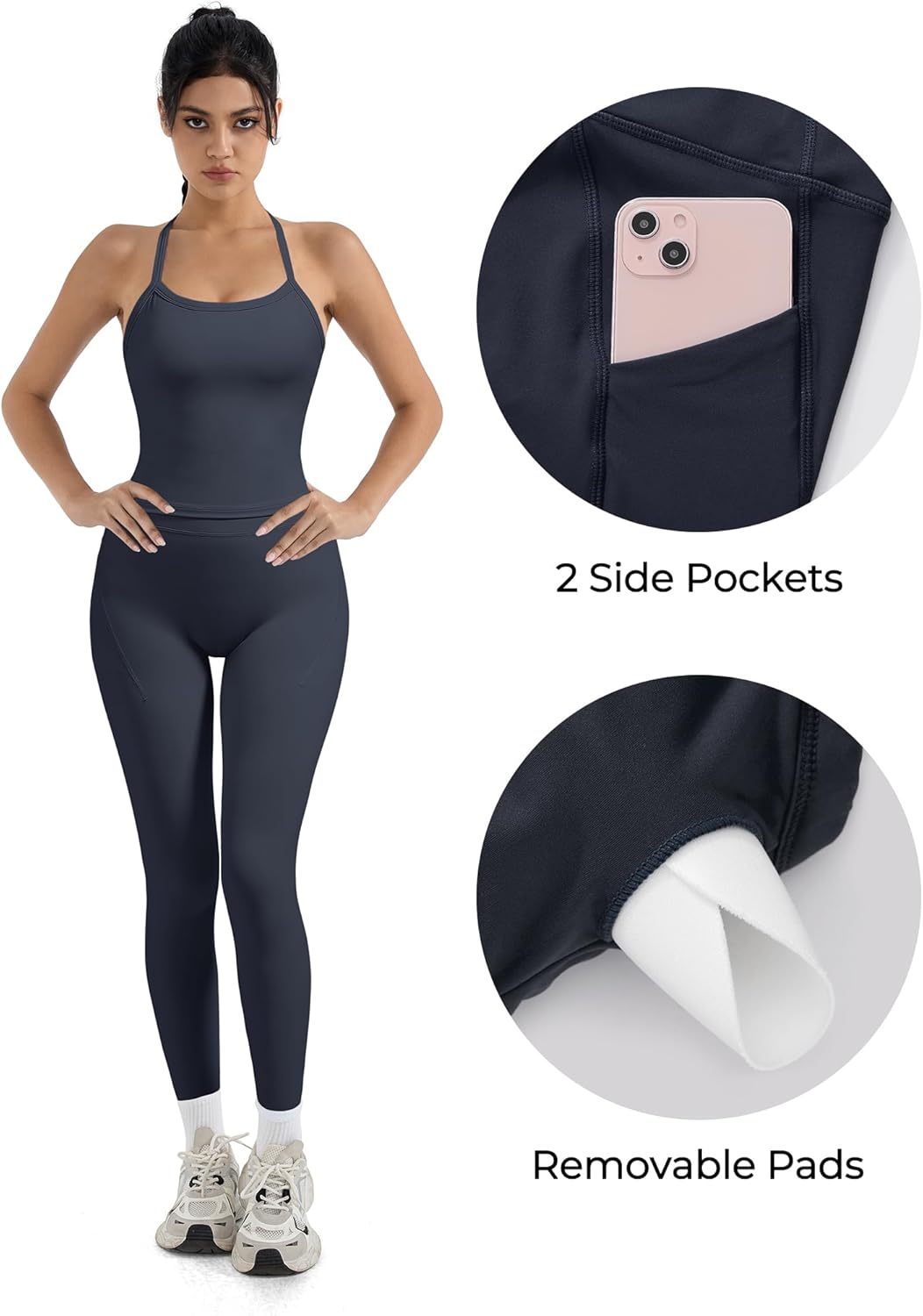 SUUKSESS Women 2 Piece Workout Sets Compression Tummy Control Leggings with Pockets Halter Built in Bra Tank Tops - Image 2