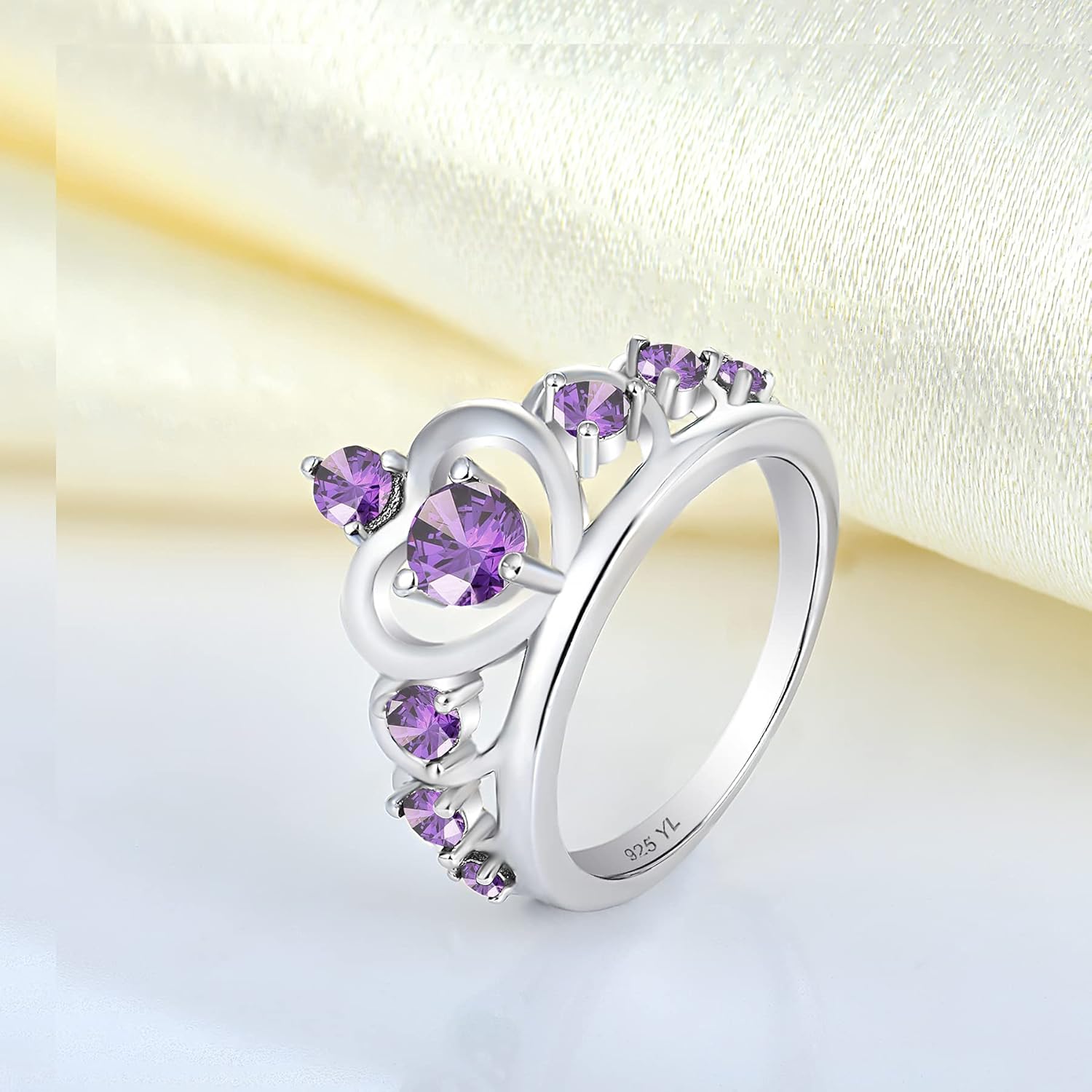 YL Princess Crown Diana Heart Ring for Women, Solid Sterling Silver 18K White Gold Plated Tiara Promise Created Birthstone Jewelry Gifts