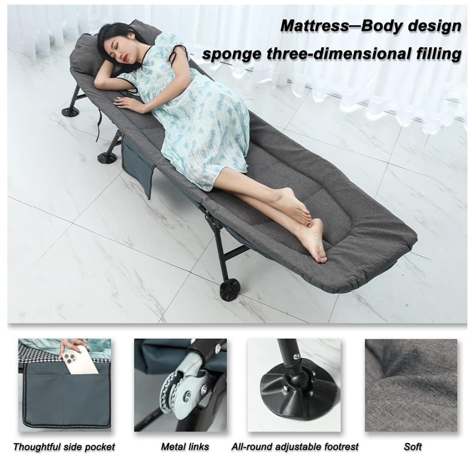 Campingbett mit Matratze, 5-Fach Verstellbar RüCkenlehne, Karpfenliege Feldbett Klappbar XXL mit Seitentasche, bis 160kg, Campingliege Faltbar Leicht für Outdoor Camping Garten