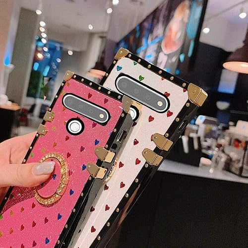 Miniatura 3 de K61 - Funda para LG K61, diseño cuadrado, diseño lindo con purpurina y corazón, suave, con anillo de diamante, color blanco