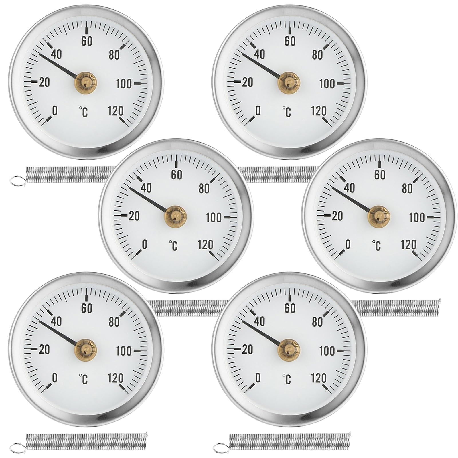 BORDEAG Anlegethermometer Heizungsrohr, 6 Stück Rohrthermometer Heizungsrohr, Tragbares Rohrleitungs Thermometer, Industrielles Rohrthermometer Anlege-Zeigerthermometer 0-120 °C 63 mm