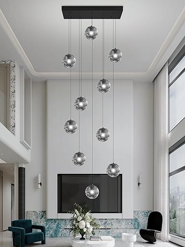 Miniatura 208 de Escalera LED de 10 luces LED moderna con globo de cristal, lámpara colgante grande para techos altos, accesorios de iluminación de entrada, villas y