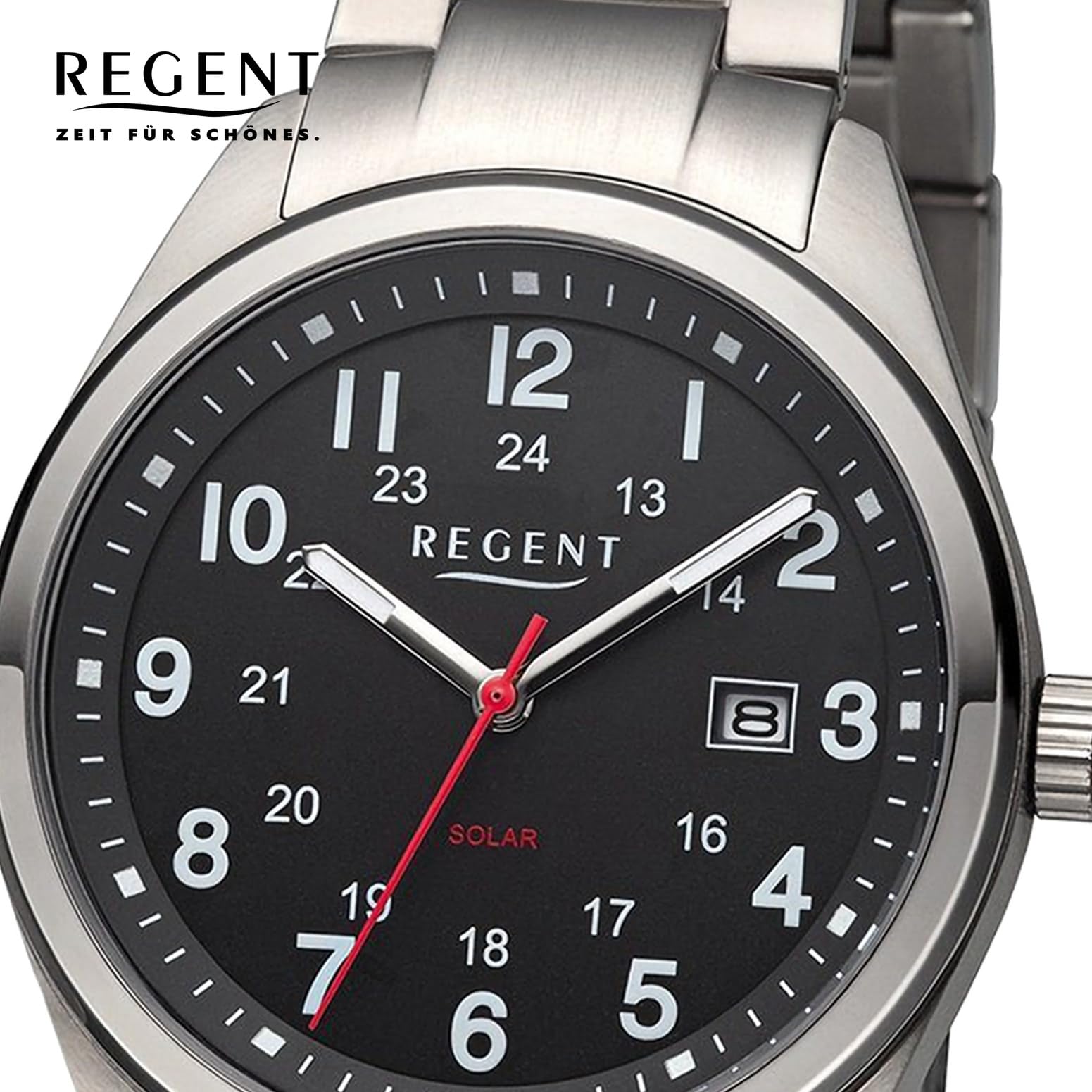 Regent Orologio da uomo solare in titanio con cinturino a maglie analogico, 10 ATM F-1537