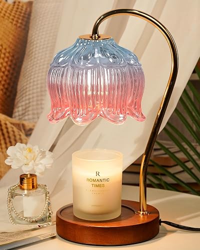 Funistree Dimmable Candle Warmer Lamp with Timer, Electric Candle Warmer Lamp, Women Birthday Gifts, Flower Candle Lamp Warmer for Family, Pink Blue Fragrance Candle Lamp for Modern Office Desk Decor - Lily-blue Pink