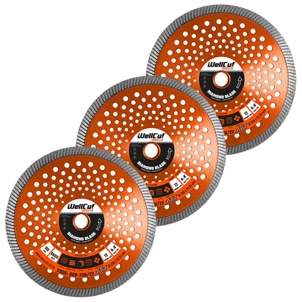 Diamond Cutting Discs For Angle Grinder 230mm 22.23mm Bore, Fast Clean Cut on Concrete Reinforced Concrete Marble And Granite Stone Sandstone Brick Tiles Or Ceramic Tiles WellCut (Pack of 3)