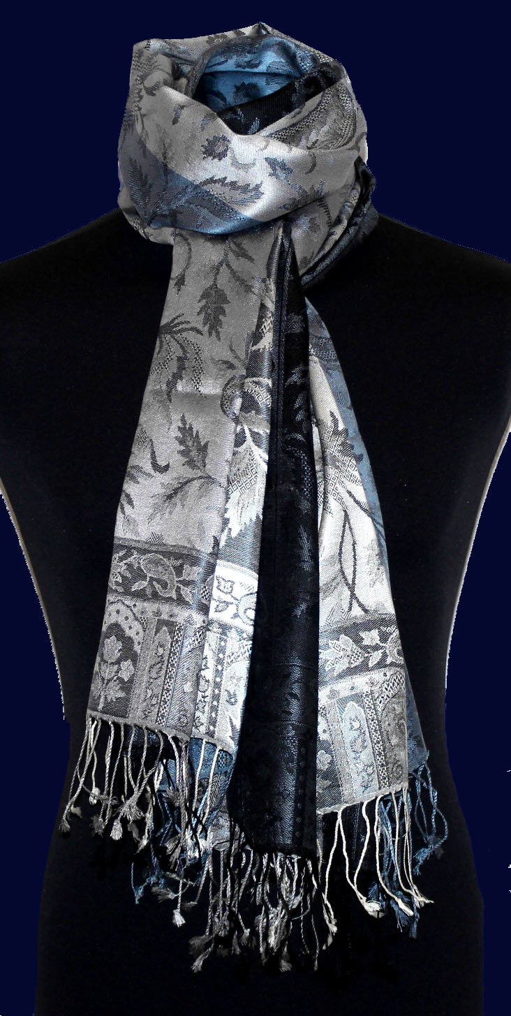 LORENZO CANA Pashmina pour la femme - écharpe de 100% soie avec les mesures de 70 x 190 cm - fait à la main – souple élégant en bleu gris argente