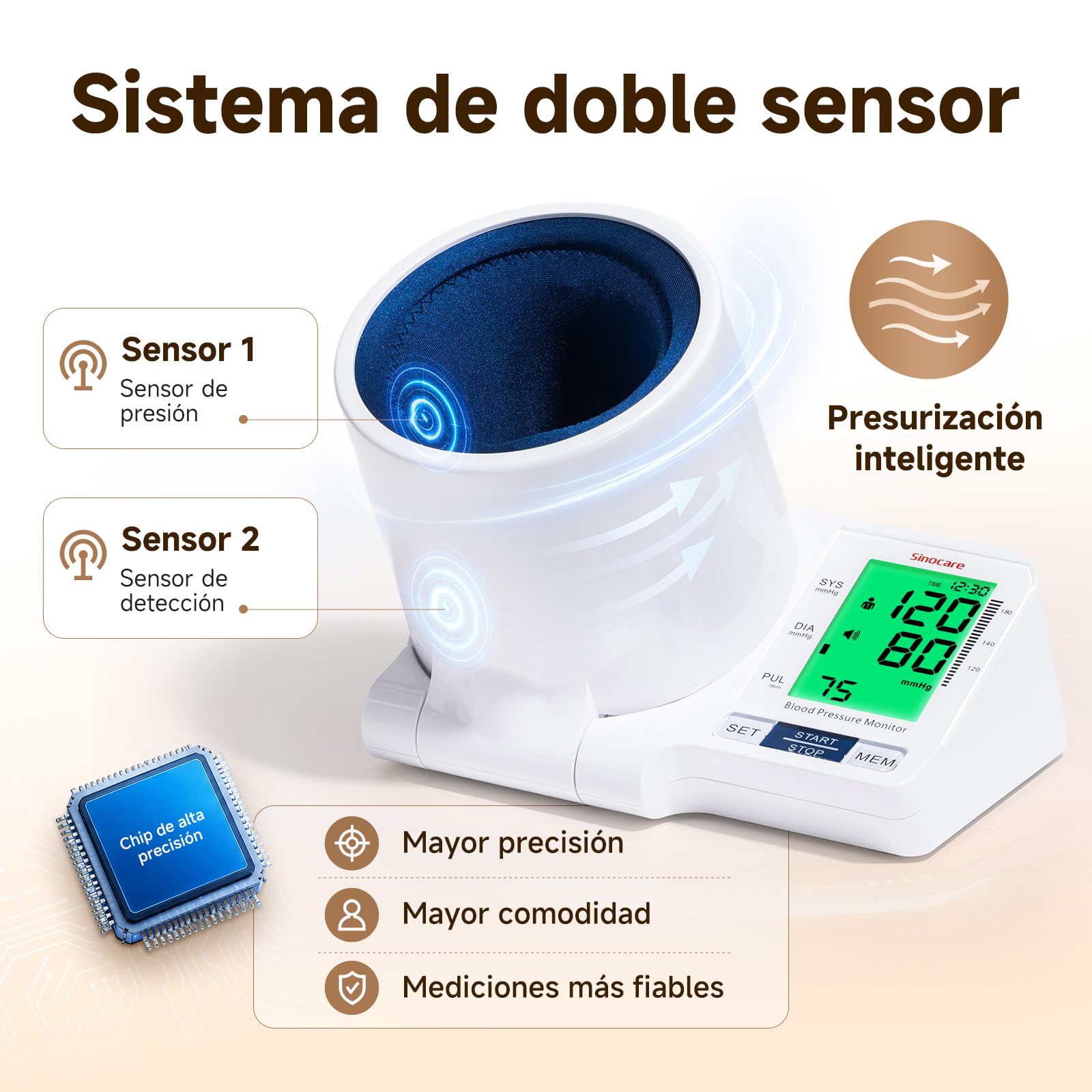 Sinocare Tensiómetro Brazo Digital Automático Detección Arritmia Blanco