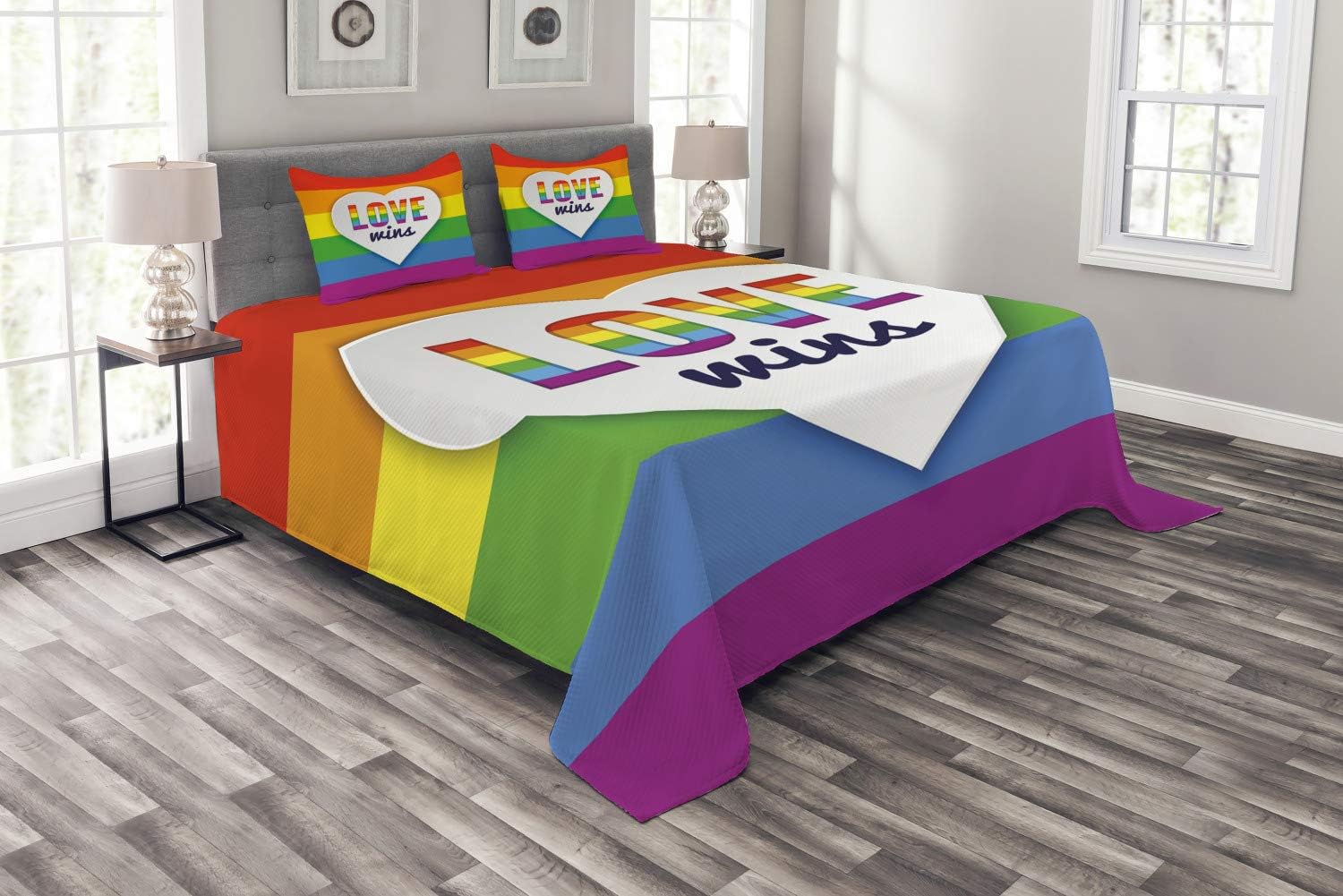 Weekly Top Sale Ambesonne Pride Bedspread, Rainbow Flag with Stripes Heart with Love Wins Text LGBT Culture Colorful, Decorative Quilted 3 Piece Coverlet Set with 2 Pillow Shams, Queen Size, Purple Blue