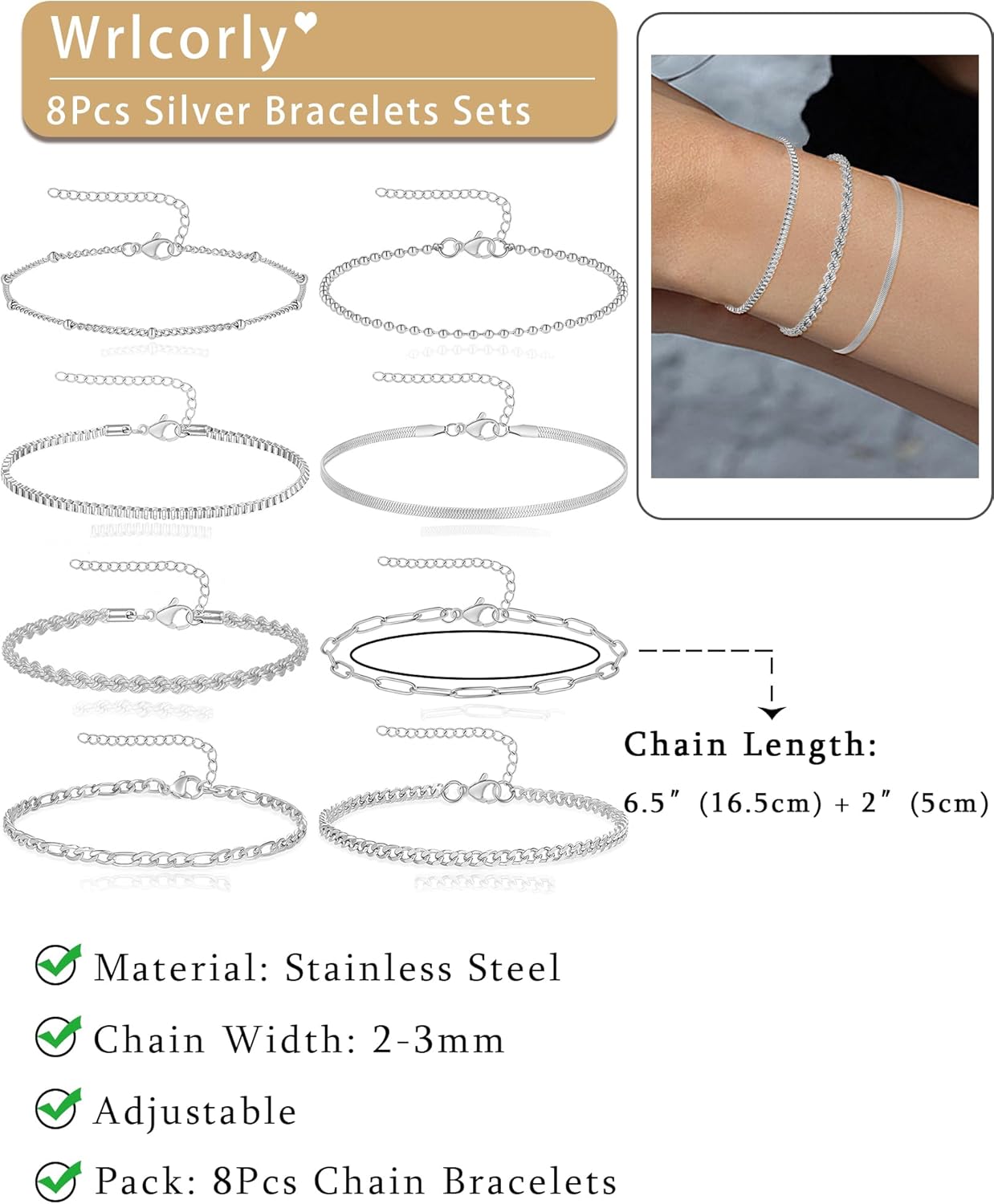 8Pcs Bracelets Stainless Steel Chain Bracelet Satellite Bead Box Herringbone Rope Paperclip Figaro Cuban Link Bracelet for Women Silver Gold Plated 6.5 Inches Adjustable - Image 2