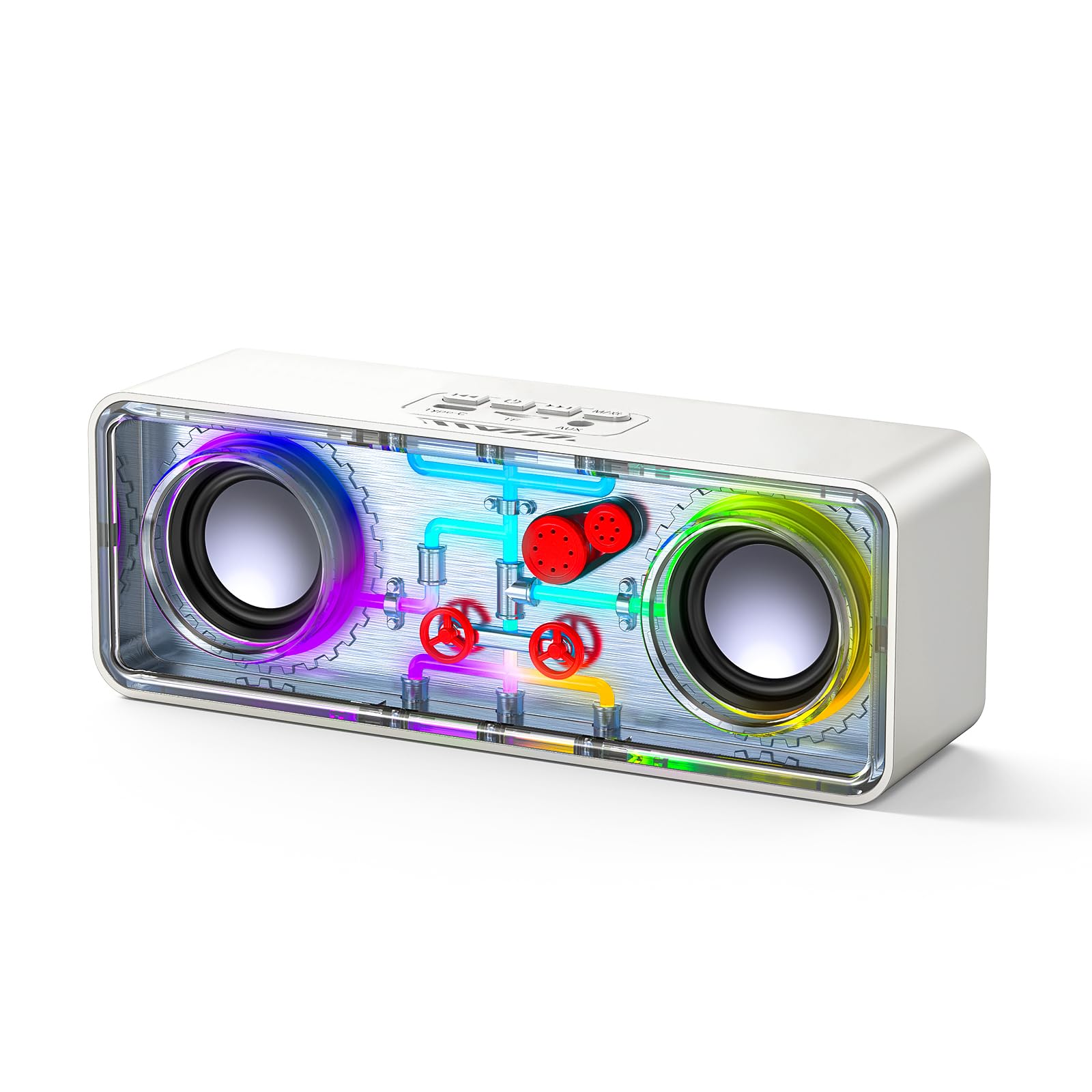 JAMELOPortable Bluetooth Speaker, Wireless Speaker with Transparent Mecha Design, Cool Streaming Light, TWS Stereo Sound, TF Card, AUX, Outdoor Musicbox for Party Camping Beach Travel Hiking (White)