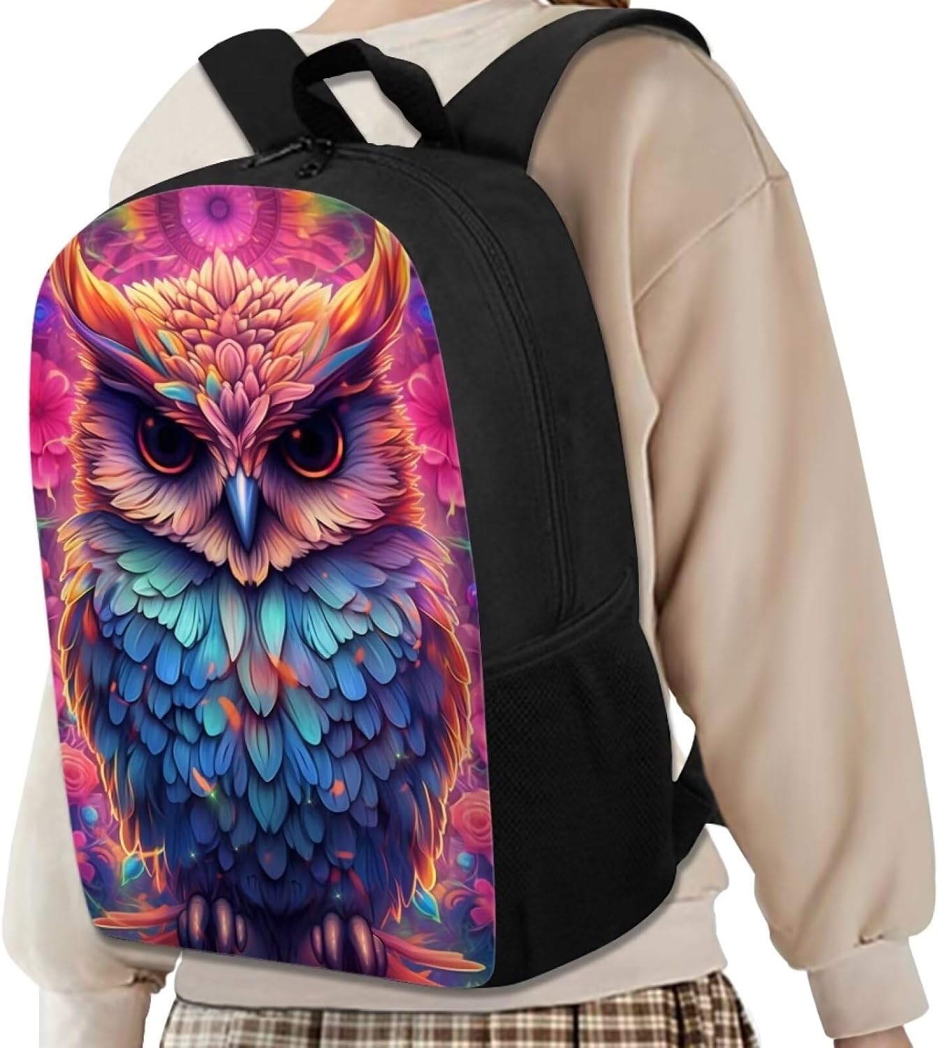 Fantastic Owl Backpack for Boys Girls Novelty Cute Graphic Animal Print School Backpack 17 Inch Student Lightweight Comfy Black Kids Bookbag with Side Mesh Pocket