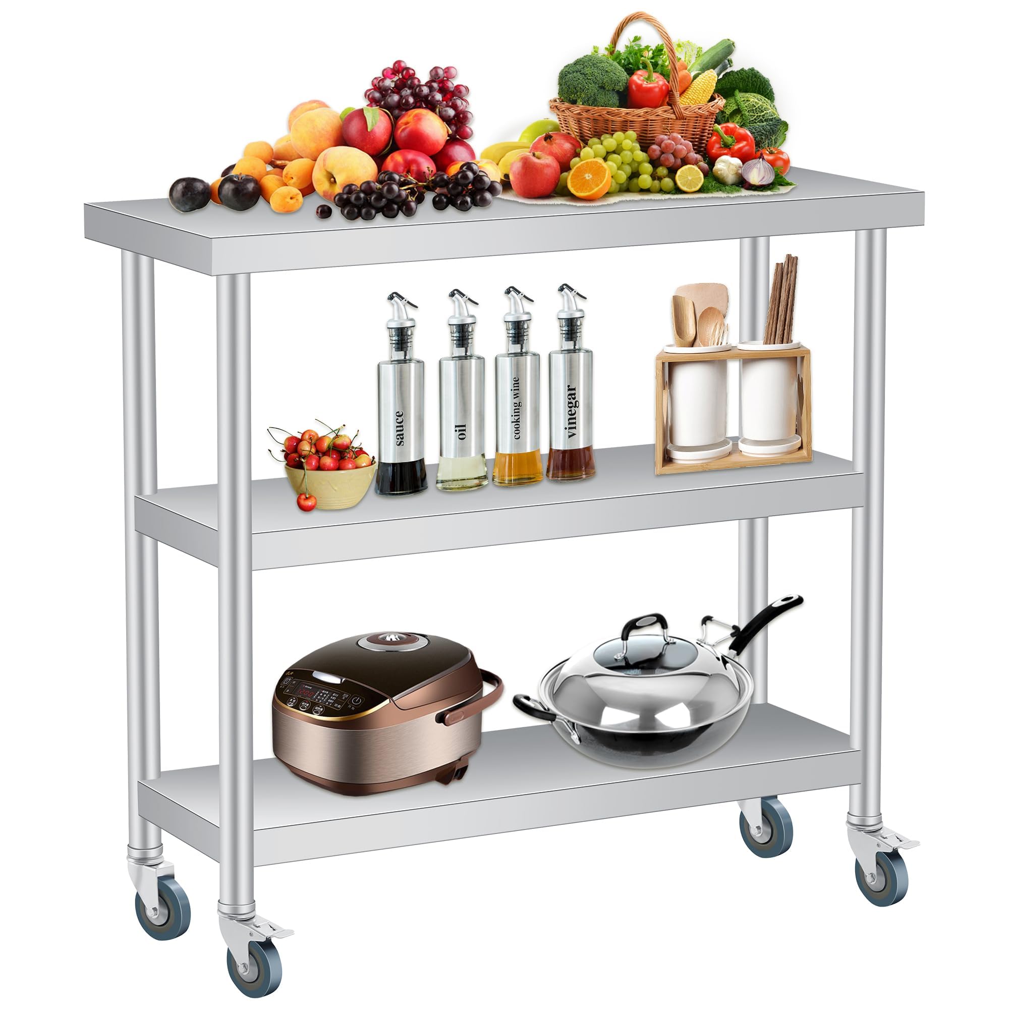 Acekool Table de Travail INOX Professionnelle 3 Niveaux 36 x 14 x 34 po - étagère de Rangement - roulettes verrouillables - Facile à Nettoyer, antirouille - pour Cuisine/Restaurant/hôtel/Atelier -