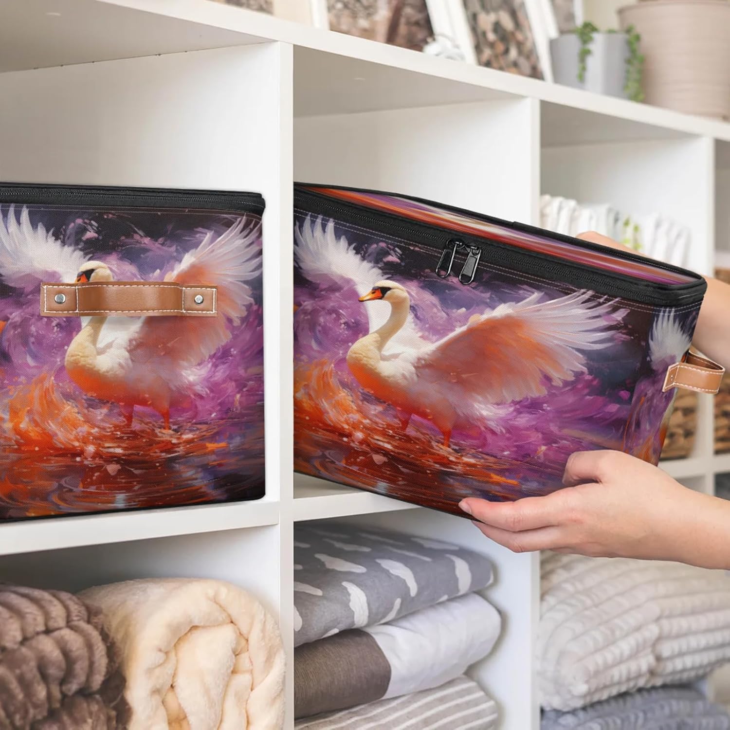 Storage Bin Set of 2 Watercolor Bird Storage Basket with Zipper Lid & Handle Foldable Closet Shelf 2 Pack Cloth Organizer Basket Cube Bins Clothes Organizer for Nursery, Bedroom