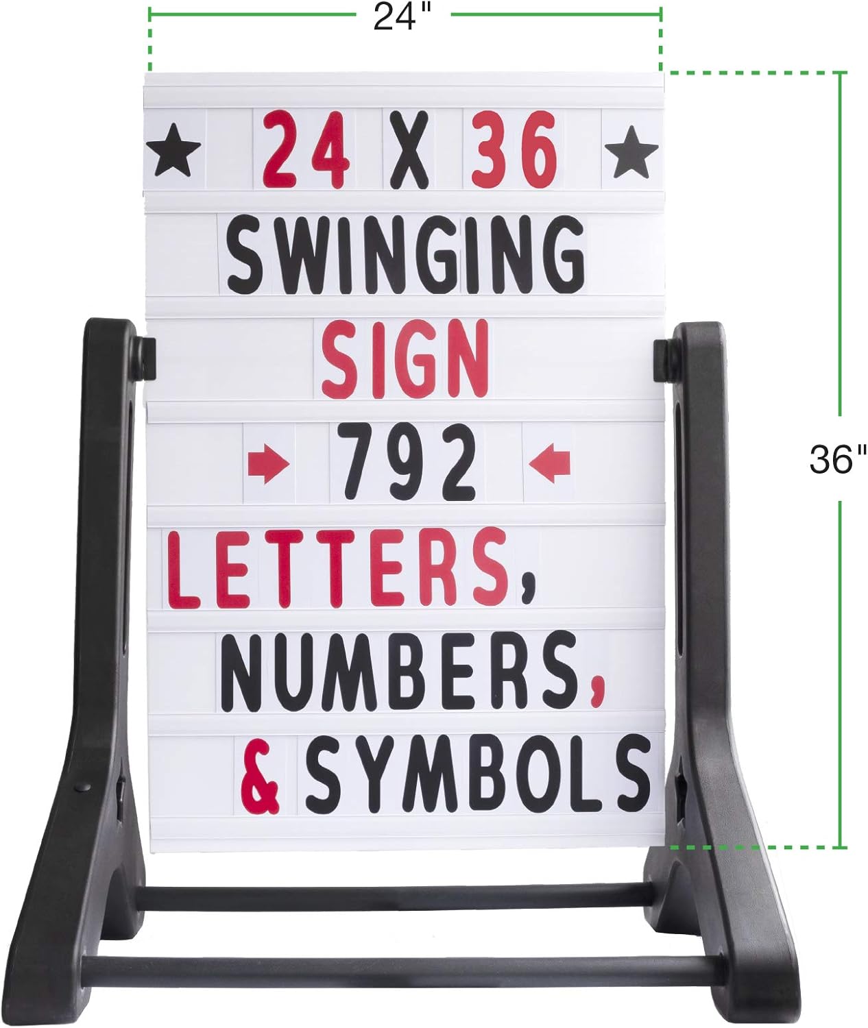 Swinging Changeable Message Sidewalk Sign: 24" x 36" Sign with 792 Pre-Cut Double Sided Letters and Storage Box. Includes Black Board & Letter Board (Black Color Legs)