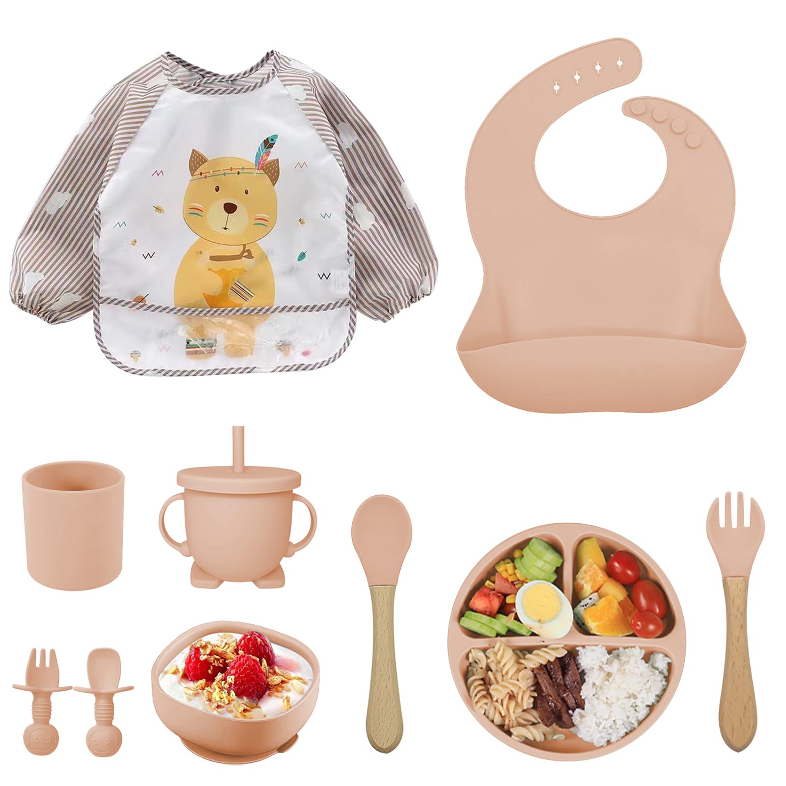 Bavaglini Pappa Svezzamento, Set da 10 Pezzi Svezzamento Set, Silicone Piatto con Ventosa Ciotola Cucchiaio Forchetta Bavaglino, Training Esercitarsi A Mangiare Da Soli,Bavaglino Silicone