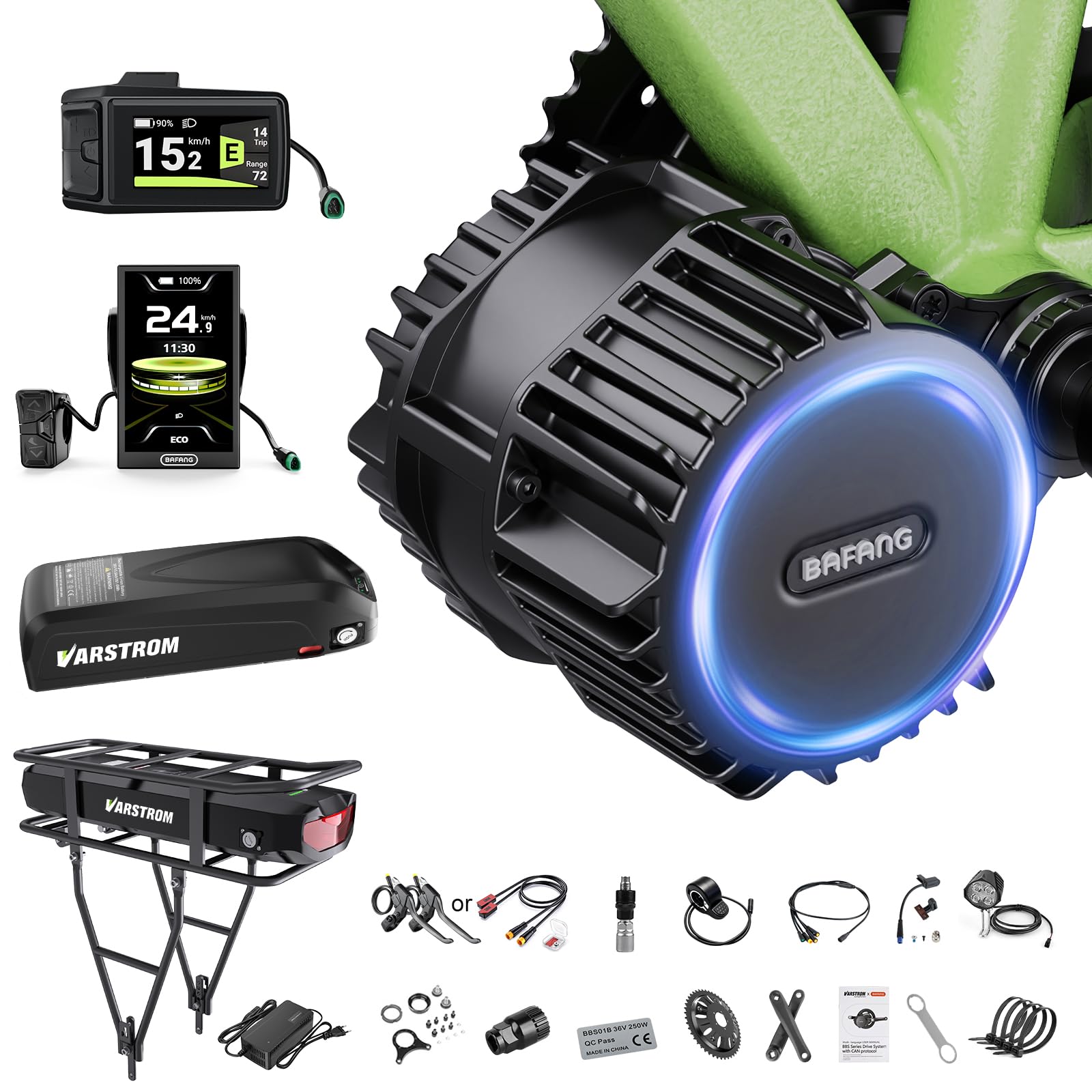 BAFANG BBS01B BBS02B BBS-HD Motor Central Kit conversión Bici eléctrica | Kit Mid Drive con batería (Opcional) y Pantalla LCD, 250W 36V 48V 52V, protocolo Can