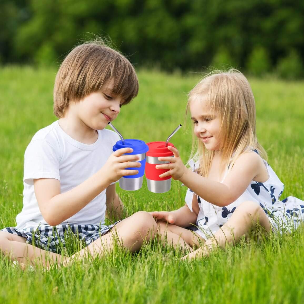 Stainless Steel Cups with Lids and Straws, 12 Oz Drinking Tumbler with Silicone Sleeves for Kids/Adults, Unbreakable Metal (5 Pack)