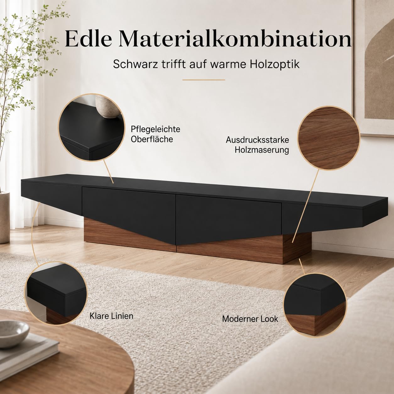 Caldion Modernes TV-Lowboard TV-Schrank mit 2 Schubladen Fernsehtisch mit Tischplatte Fernsehschrank TV-Ständer für Wohnzimmer Schlafzimmer MDF Braun und schwarz 200x40x30cm