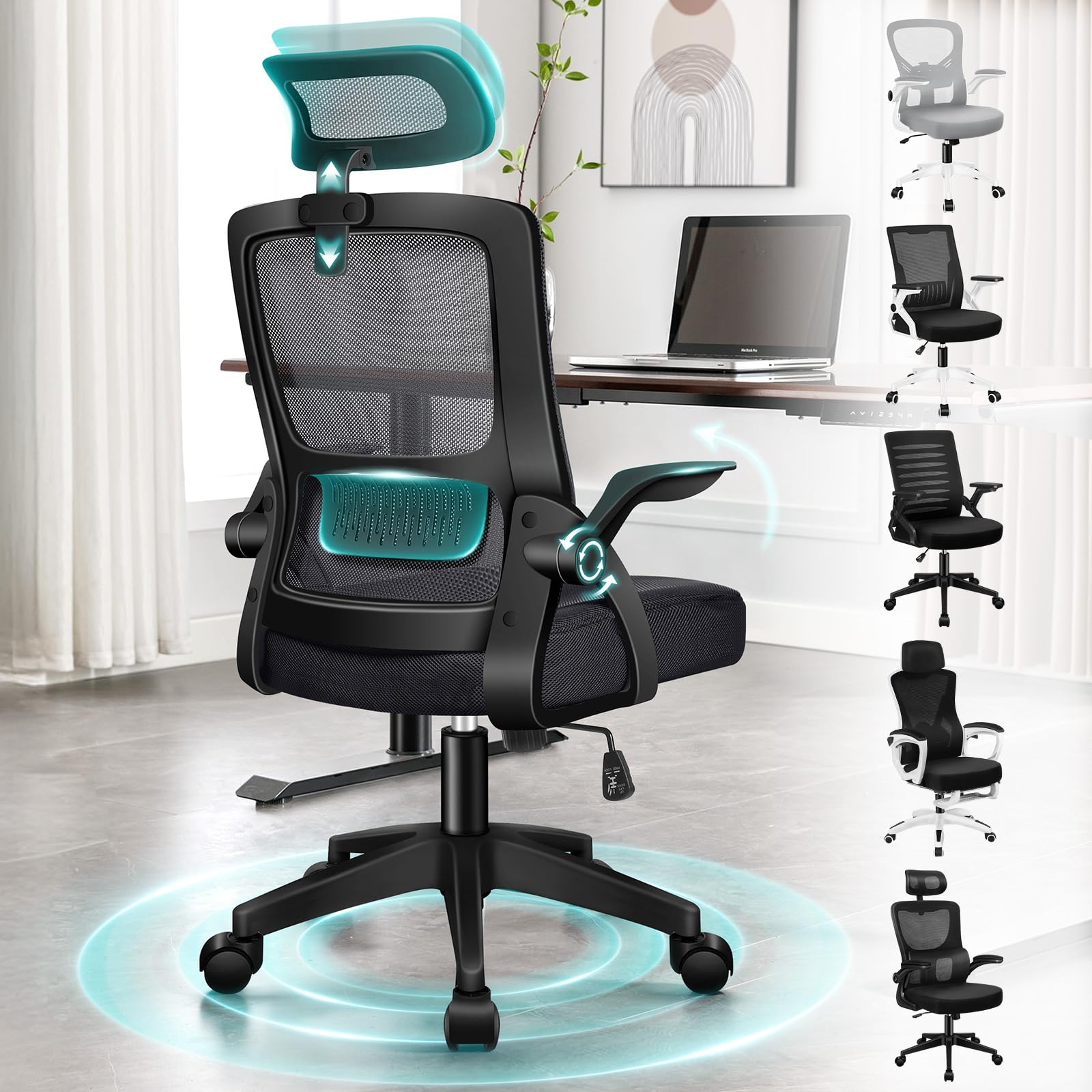 ALFORDSON Ergonomiczne krzesło biurowe, do biura domowego, komputerowe krzesło siatkowe z dynamicznym podparciem lędźwiowym, zagłówkiem, podnoszonym podłokietnikiem, odchylane krzesło obrotowe,