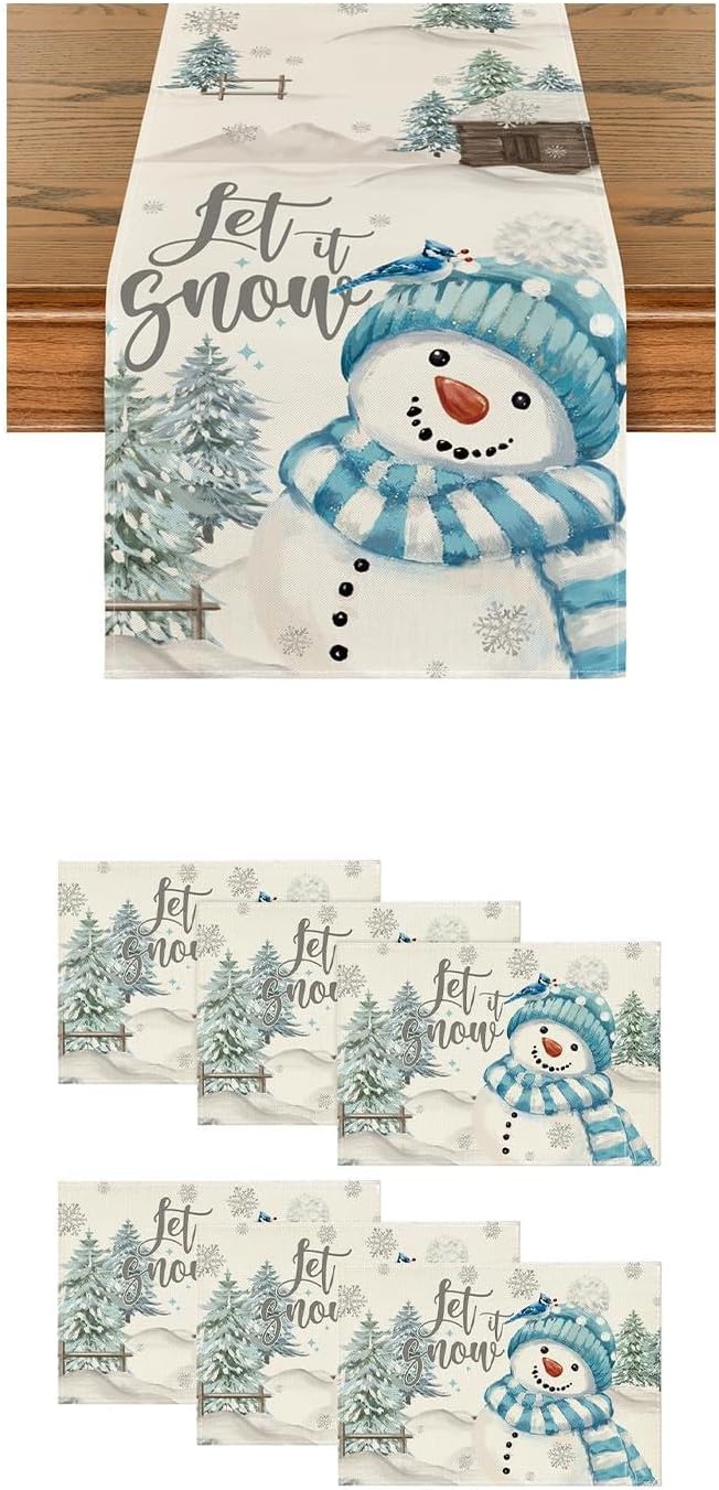Artoid Mode Xmas Trees Let It Snow Blue Snowman Christmas Place Mats Set of 6 and Table Runner