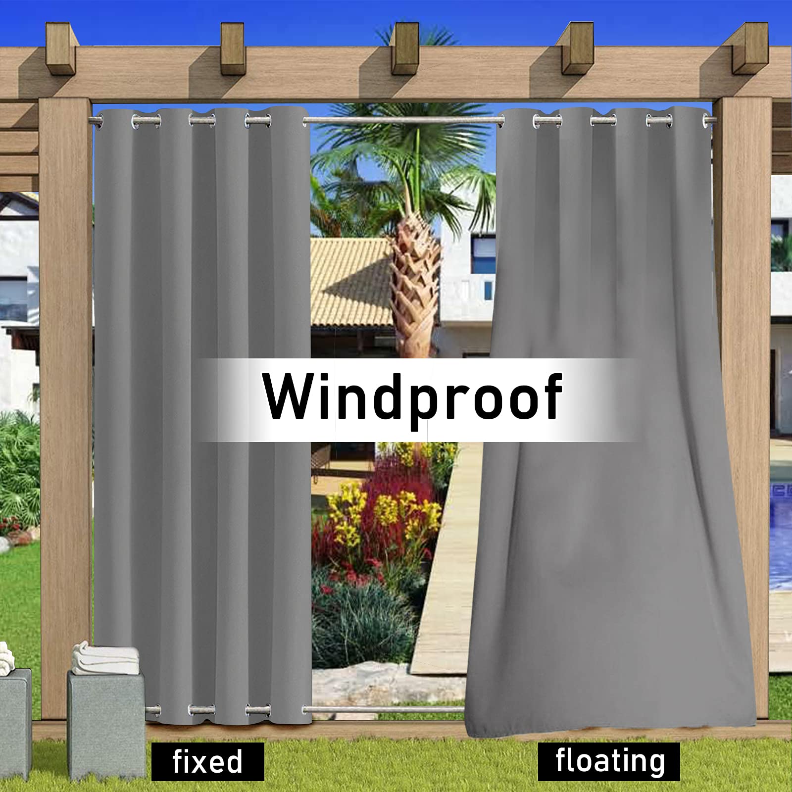 Wasserdichter Außenvorhang Blackout Patio Vorhänge Fenstervorhänge für Veranda Pergola Cabana Pavillon Grau(Breite x Hoch) B200cm x H180cm x 1PC
