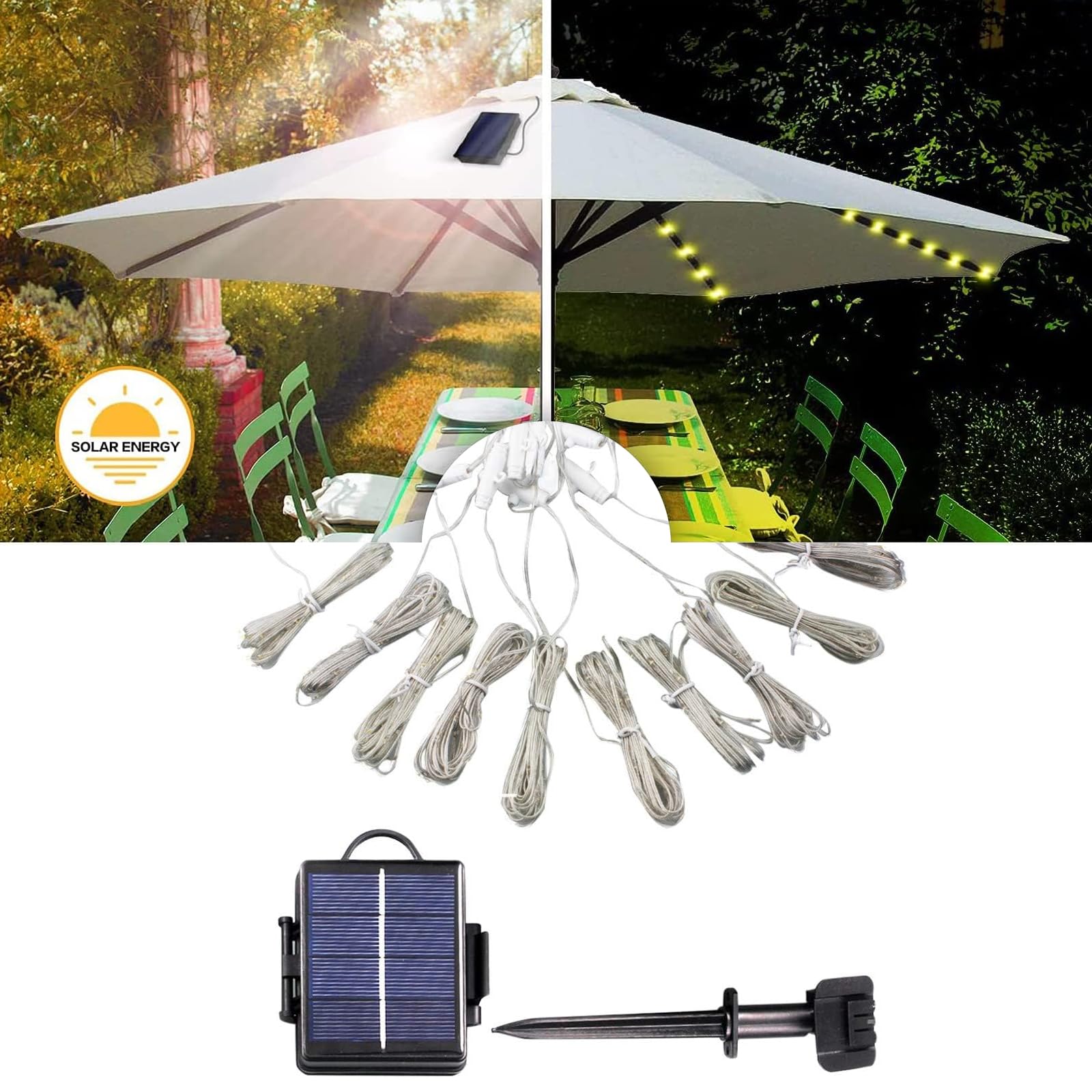 Éclairage solaire pour parasol, guirlande lumineuse pour parasol, guirlande lumineuse avec 104 LED, guirlande lumineuse de parasol de jardin avec télécommande pour décoration de parasol, tentes de