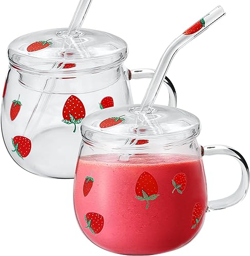 Taza de vidrio de fresa 2 juegos de taza de vidrio transparente de fresa linda con tapa y pajita. tazas de fresa con lindo rodillo de fresa