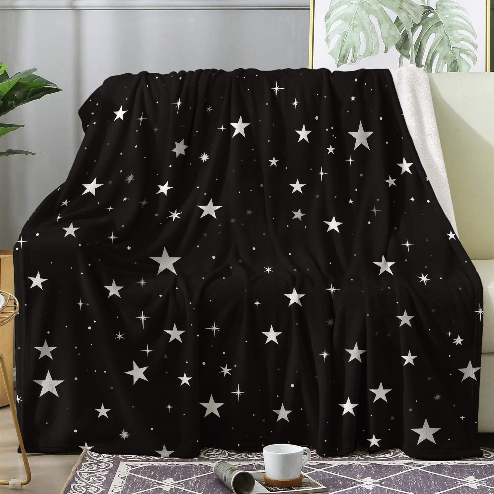 ZDABAOEC Black and White Star Throw Blanket, Fleece Blanket for Bed Sofa Couch, Super Soft Fluffy Flannel Blankets and Throws, Single Size 130x150 cm