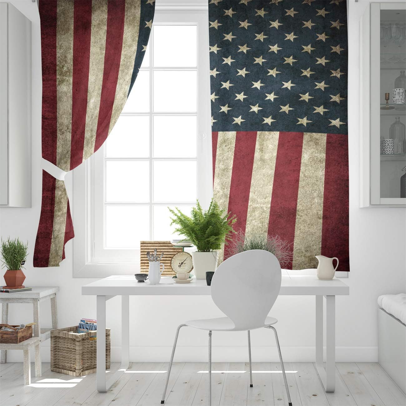 2 Panel Kitchen Cafe Curtains, Retro American Flag | Sunlight Filtering Nature Air Through, Home Decor Window Covering Tier Curtains for Bedroom Living Room 80W x 63L inch