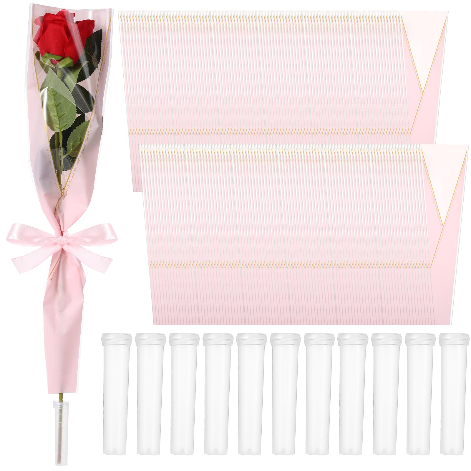Photo 1 of 1200 Pcs Valentine's Day Flower Packaging Kit 600 Pcs Single Rose Sleeve Bouquet Bags For Flowers Single Floral Bag 600 Pcs Plastic Floral Water Tubes for Mothers Day Wedding(Pink)