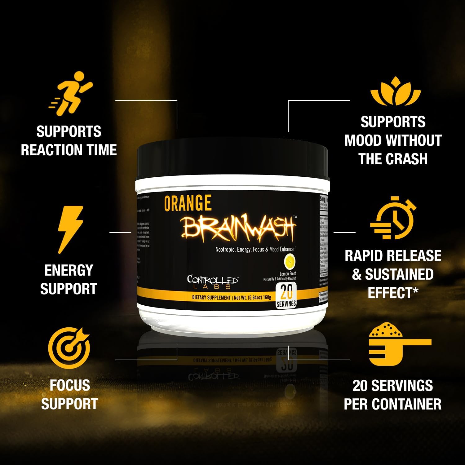 CONTROLLED LABS Orange Brainwash Powder, Enhanced Energy and Focus, 20 Servings BrainNootropic, Helps Increase Stamina and Endurance