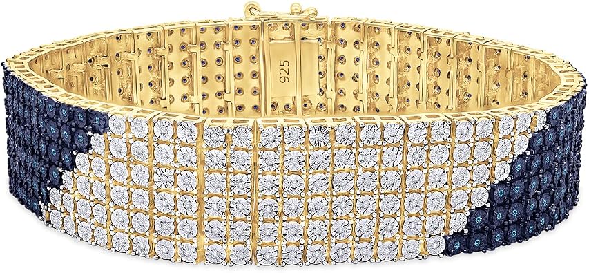 Tennis Bracelets for Men 2 Cttw to 2.27 Cttw White Blue Natural Diamond or lab Grown Diamond 15.5MM Width Miracle Set 6 Row Tennis Chain Bracelet in 14K Gold Over Sterling Silver 7.5 to 8.5 Inches