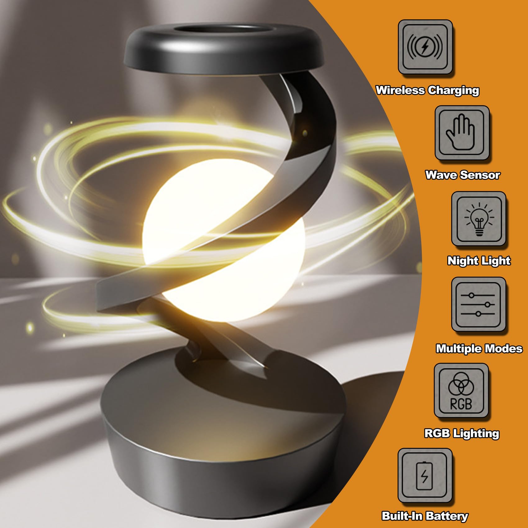 Lampa biurkowa LED z bezprzewodową ładowarką i lewitującą lampką nocną, akumulatorowa lampa stołowa do nowoczesnego użytku domowego i biurowego