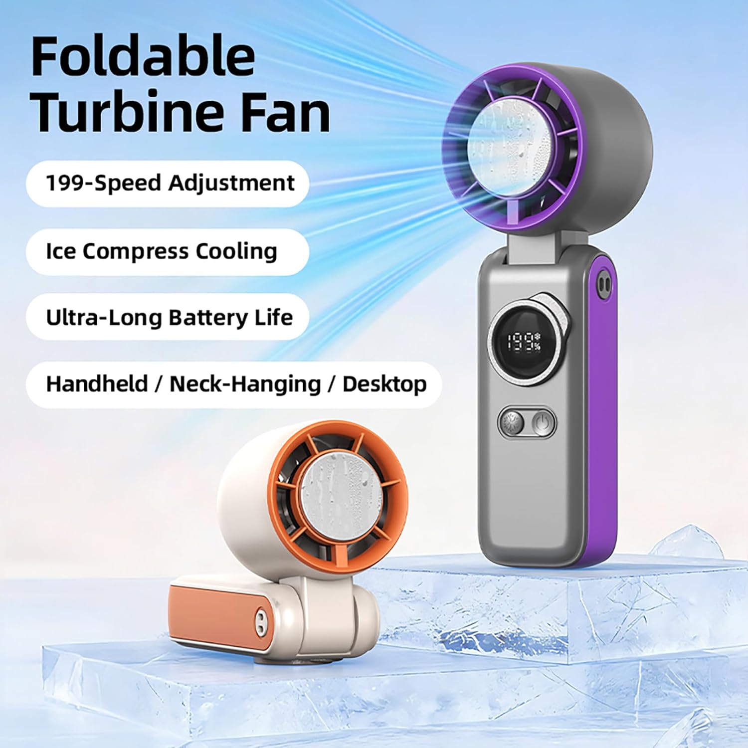Portable Handheld Turbo Mini Fan with Semiconductor Cooling - 6000mAh Rechargeable 3-in-1 Fans (Hand/Neck/Desk),199 Speed/5 Gear Modes,LED Display Quiet Fan for Outdoor Travel Beach Home (Purple）