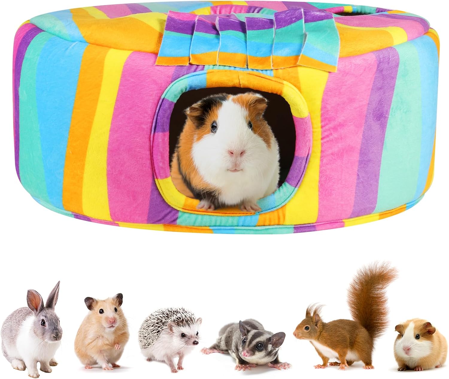 Guinea Pig Hideout & Tunnels Guinea Pig Toys Cozy Guinea Pig House with Door Curtain Soft Guinea Pig Bed for Small Pet/Hamster/Sugar Glider/Chinchilla Playing and Resting (Rainbow)