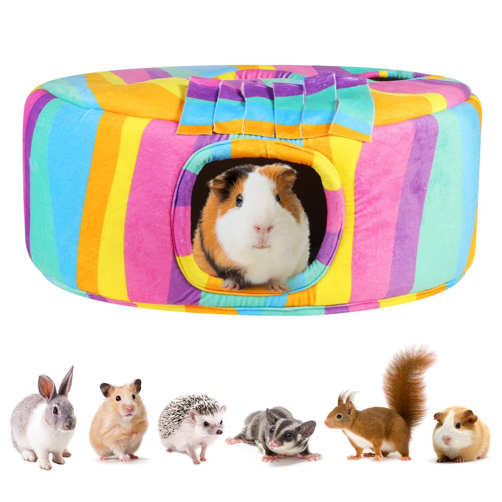 Escondite y túneles de conejillo de indias acogedora casa de cobayas con cortina de puerta, cama suave para mascotas pequeñas/hámster/planeador de azúcar/chinchilla jugando y descansando (arcoíris)