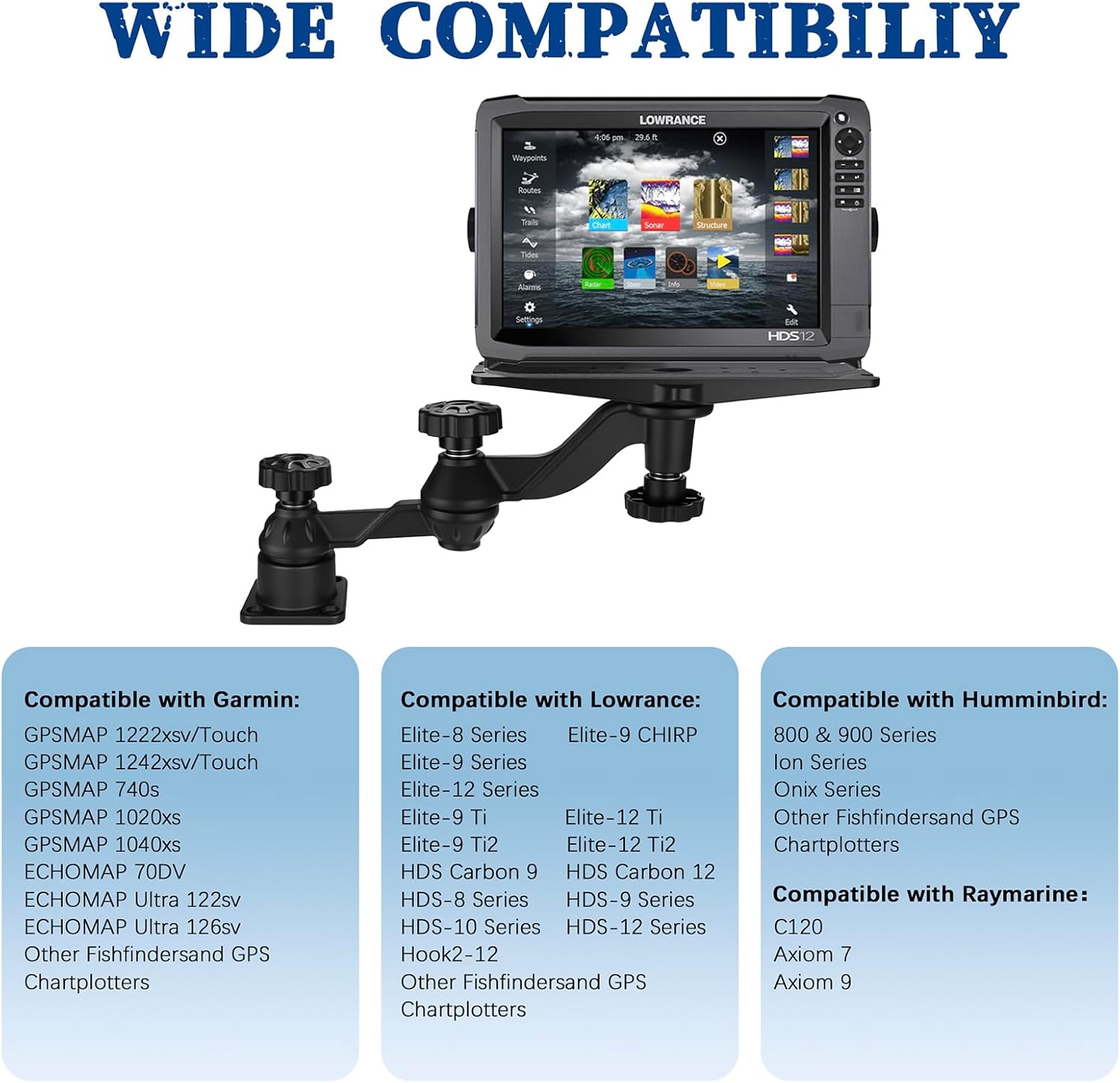 Lengthen Aluminum Swing Arm Fish Finder Mount for 7"-16" Large Fishfinders & Chartplotters, Depth Finder Mount Compatible with Lowrance,Garmin,Humminbird and More,for Boats (Long)