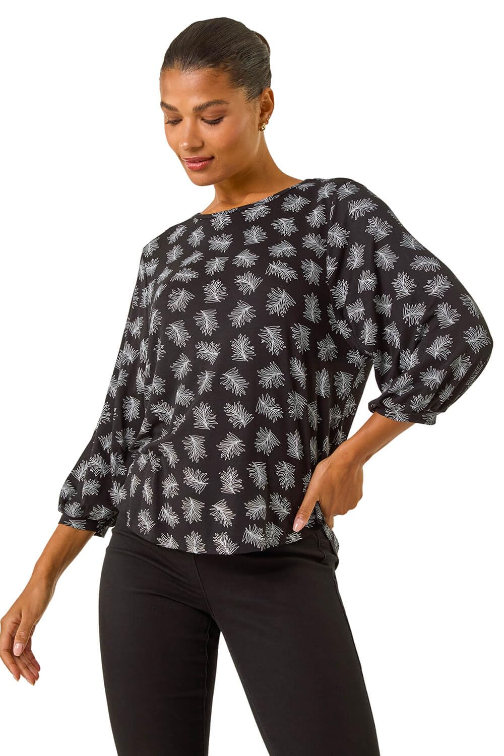 Roman Women's Black Abstract Print Stretch Top Size 16