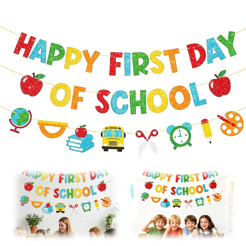 3 Pcs Back to School Banner, Happy First Day of School Banner, Welcome Banner with Pencil Apple Garland for School Classroom Decor Teacher Gifts Party Supplies