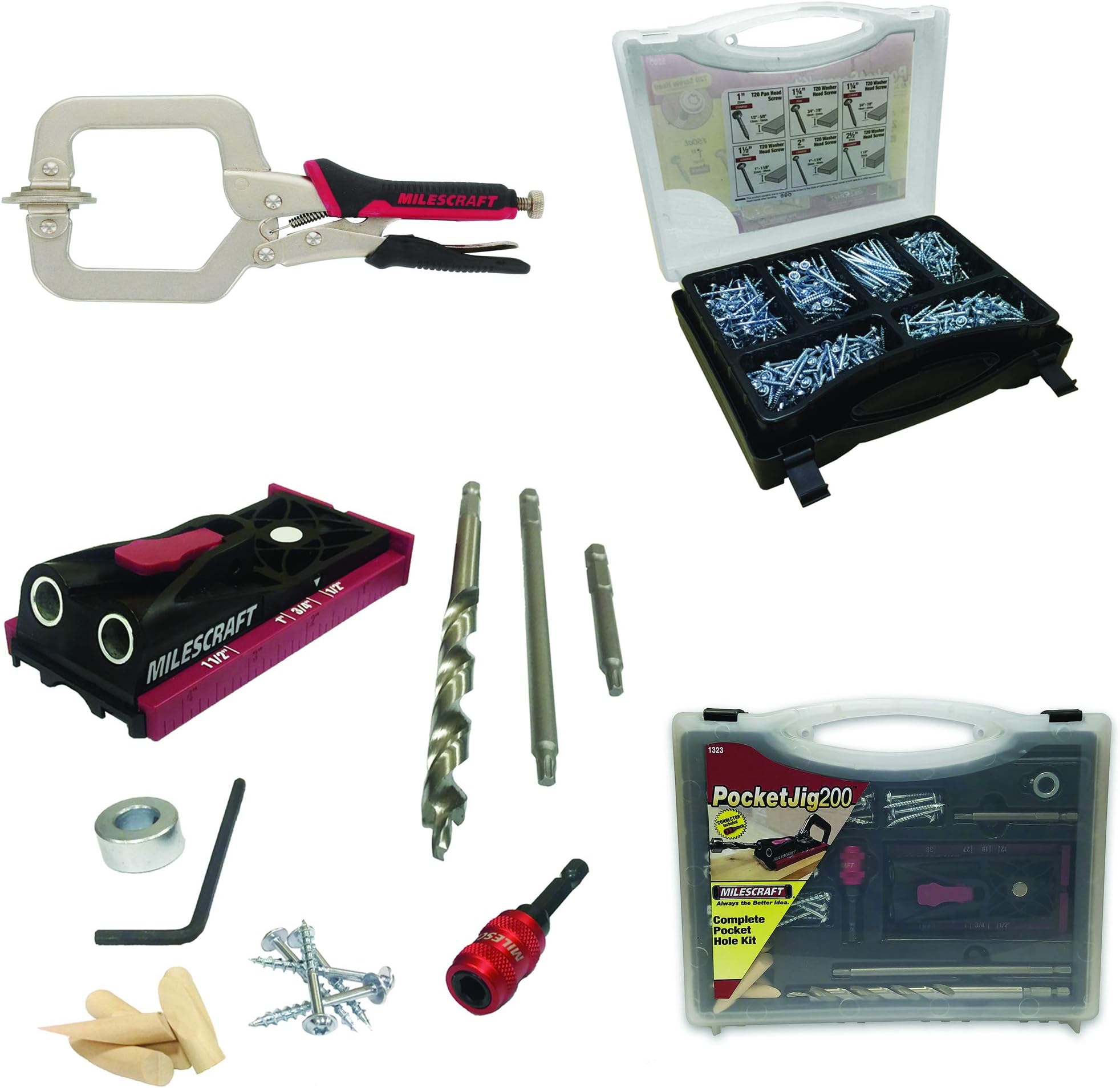 Milescraft Complete Pocket Hole Bundle - PocketJig200, Pocket Screw Kit and Face Clamp