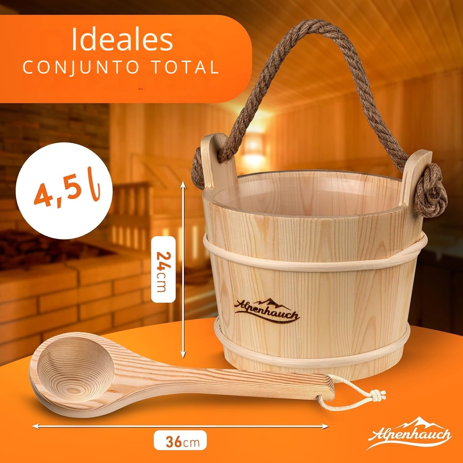 ALPENHAUCH Cubo de sauna con paleta [100% madera natural] - Elegante cubo de sauna con paleta - Accesorios de sauna duraderos - Juego de cubos de infusión
