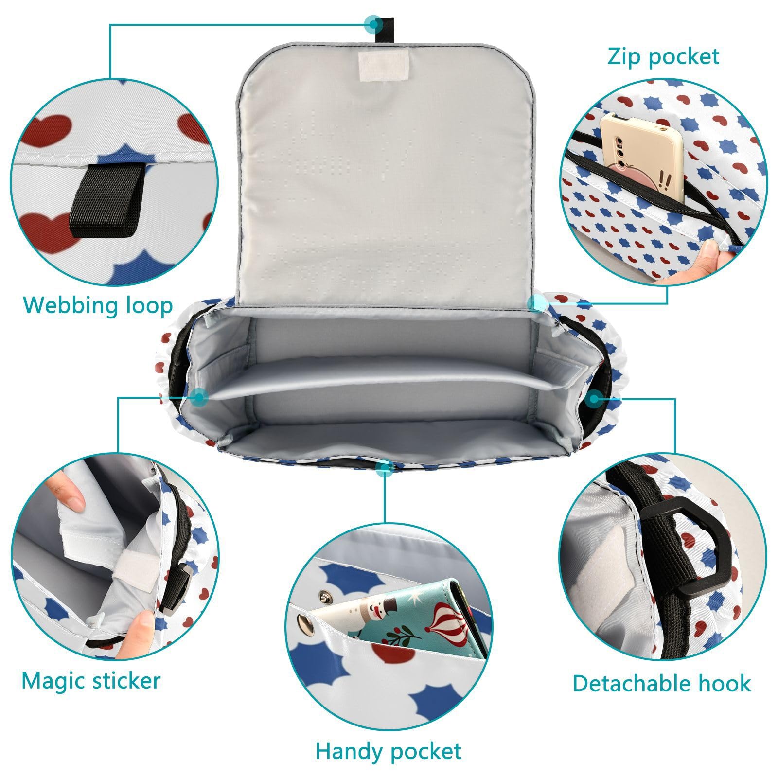 miaozhen Red and Blue Love 4th Of July Independence Day stroller organizer with cup holder baby caddy organizer large nipple gancho para carriola gancho para carriola