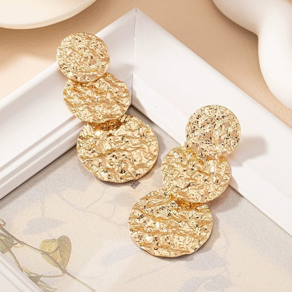 Gold Chunky Hammered Plated Disc Dangle Drop Earrings for Women, Statement Vintage Silver Geometric Circle Dangling Earring Trendy Party Jewelry Gifts - Image 6