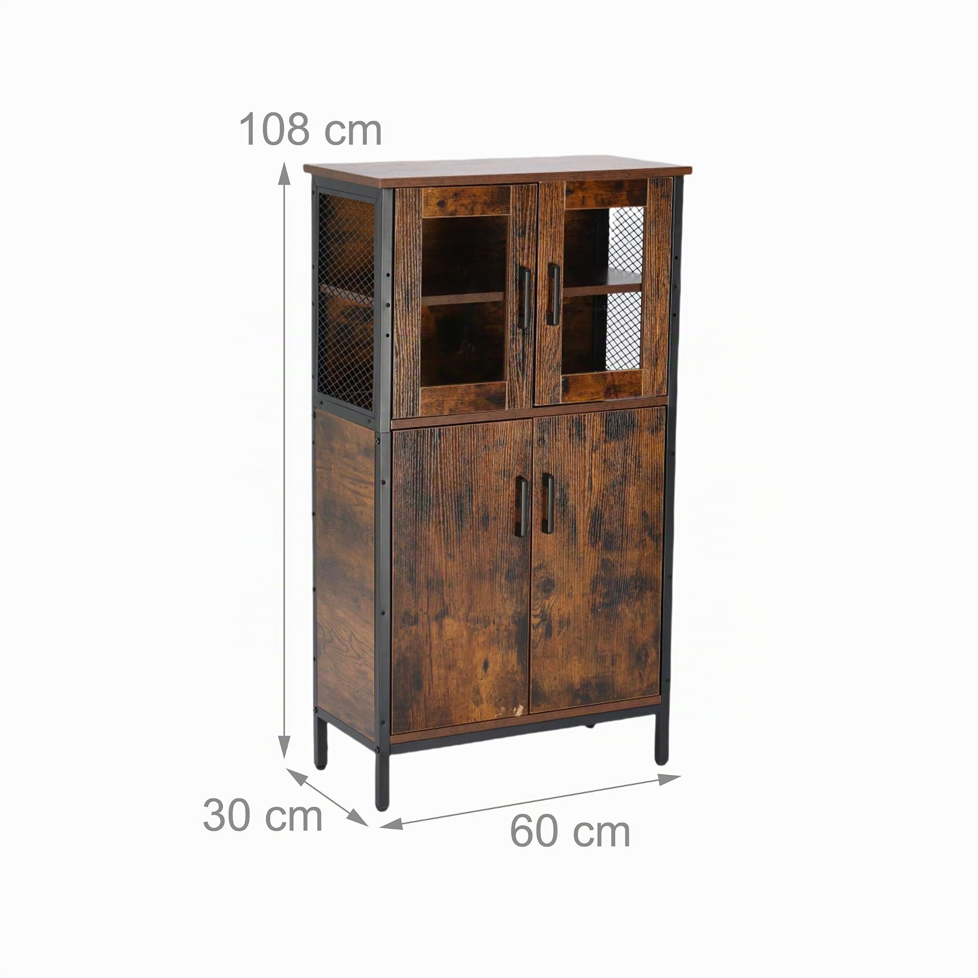 Relaxdays Armario Alto de Cocina Industrial con Puertas de Cristal, Vitrina Estrecha 108x60x30 cm, Madera Marrón