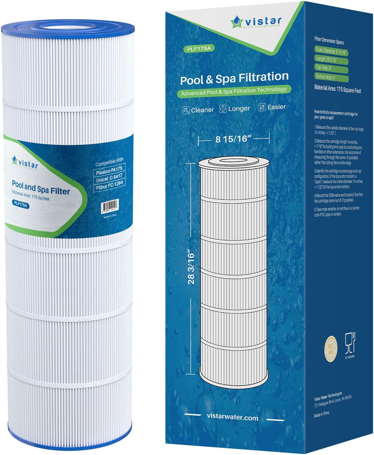 PLF175A Pool Filter Replaces Hayward C1750, CX1750RE, PA175, Ultral-B4, Unicel C-8417, Filbur FC-1294, PXC175, 817-0175P, L x OD: 28 3/16" x8 15/16", 175 sq.ft Cartridge