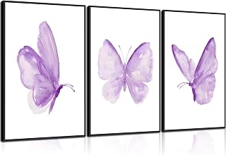 3Pcs Butterfly Wall Art Purple Butterfly Posters Pictures Minimalist Cute Animal Prints Paintings Aesthetic Preppy Room Canvas for Girls Bedroom Nursery Home Wall Decor Gift Unframed