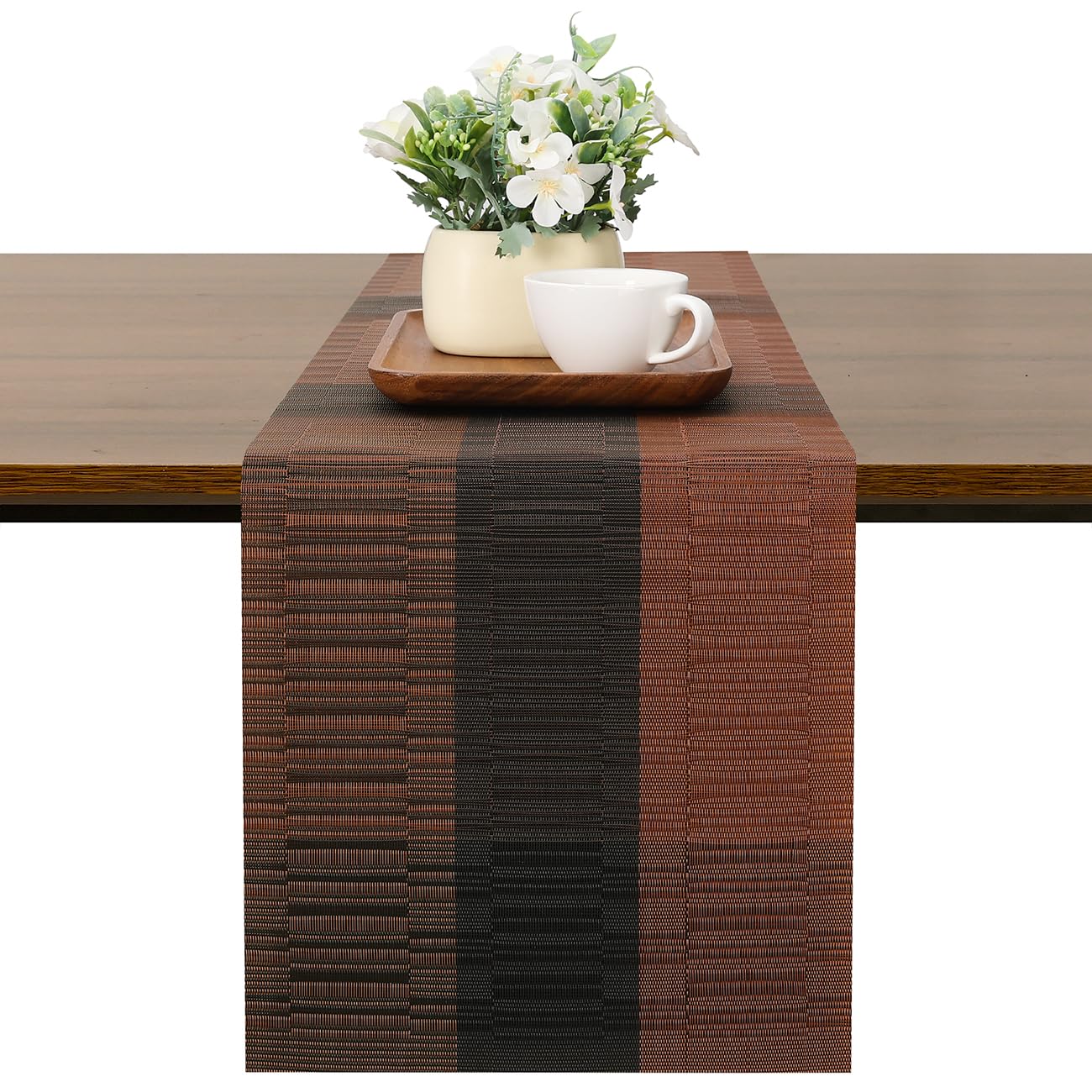 Chitomars Table Runner for Dining Table, Washable Vinyl Woven Table Runners for Farmhouse Decor Indoor Outdoor Birthday Weddings Party Home Coffee Table Decorations (Black Brown, 30 x 180 cm)
