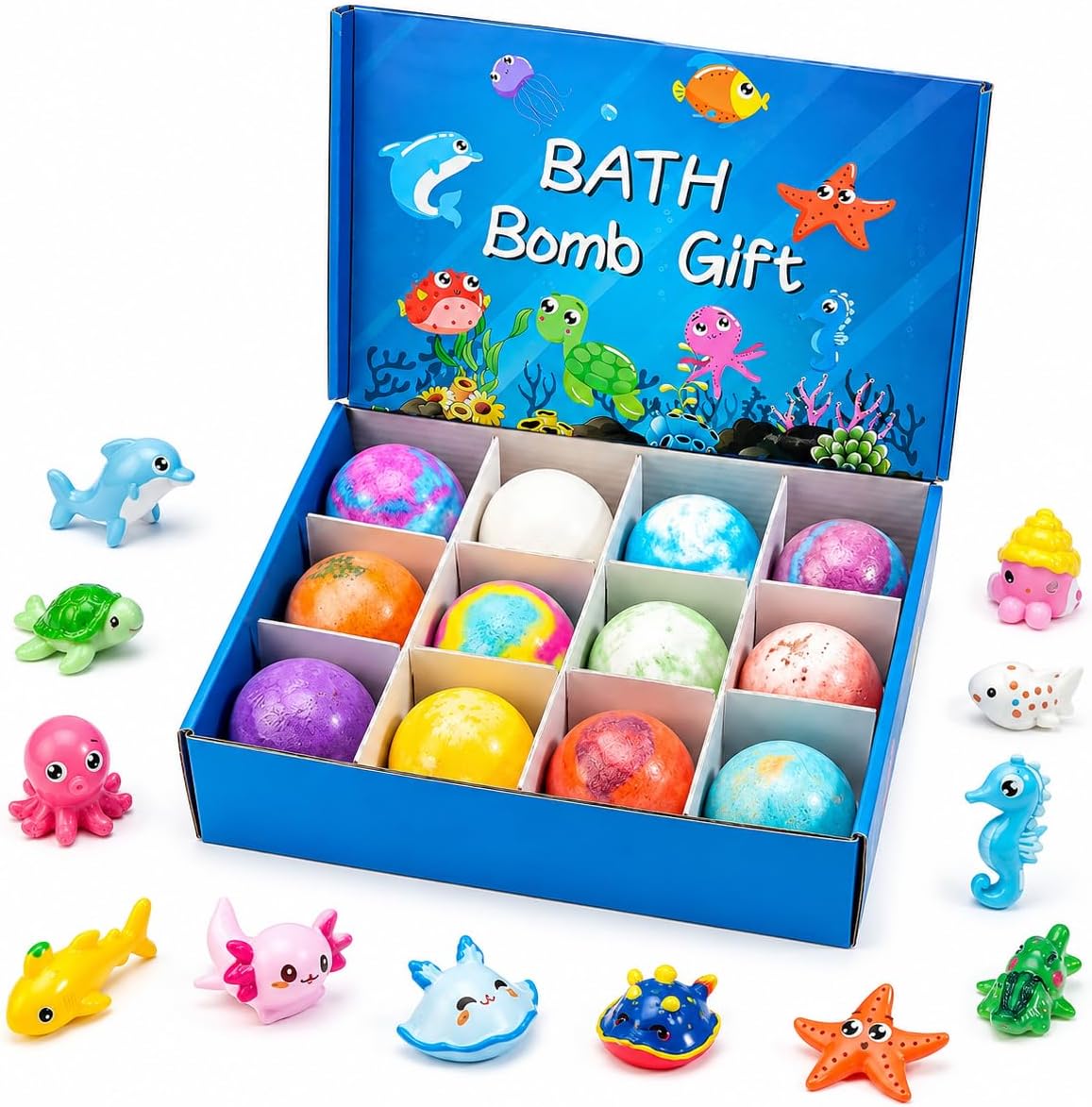 Bath Bombs with Toys Inside, 12 Pack Kids Bath Bombs with Surprise Inside, Play Fizz Bubble Bath Ball, Natural Organic Non Toxic Bath Bomb Gift Set for Boys Girls Toddler (Sea Animal)