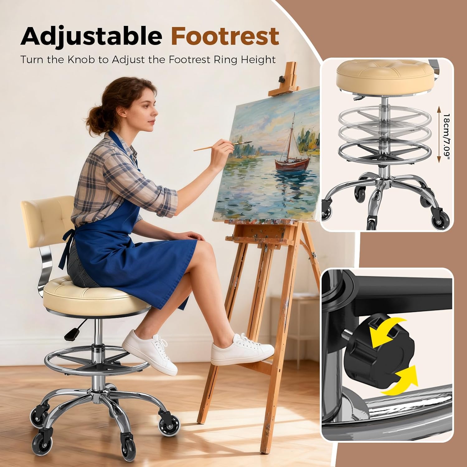 Office Drafting Chair with Footrest, Tall Height Adjustable Stool with Back Support, Heavy Duty Rolling Stool Chair with Wheels for Office Home Kitchen Bar Shop Guitar Studio Medical Vanity(White) - Image 8