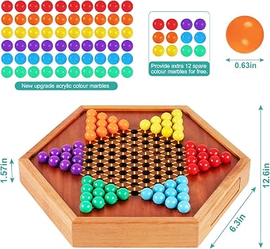 HOLYKING 12.6 Wooden Chinese Checkers Board Game with Storage Drawer 72 Acrylic Marbles (60+12 Spares), Classic Strategy Game for Family Night, 2-6 Players